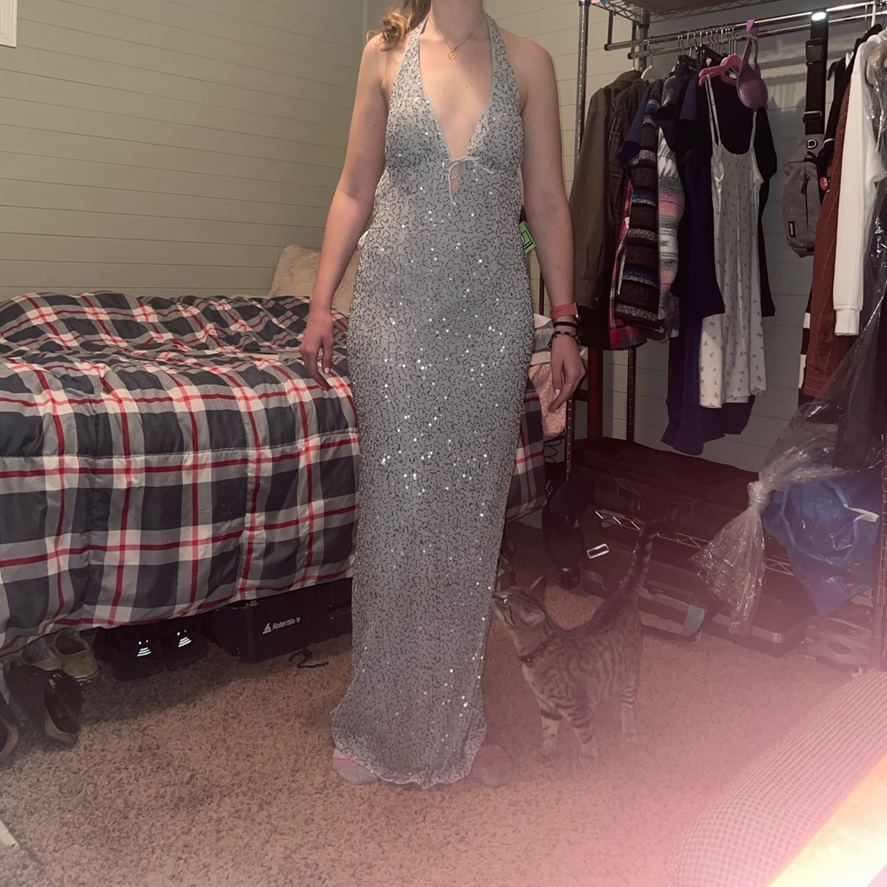 Floor length sequence open back dress